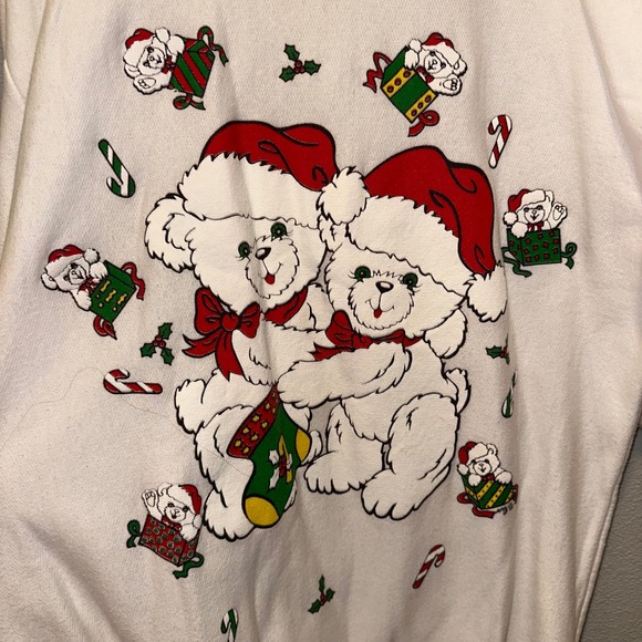 Apples Vintage Christmas Teddy Bears Sweatshirt Women's White L. Sleeve Cozy Top - Picture 2 of 7